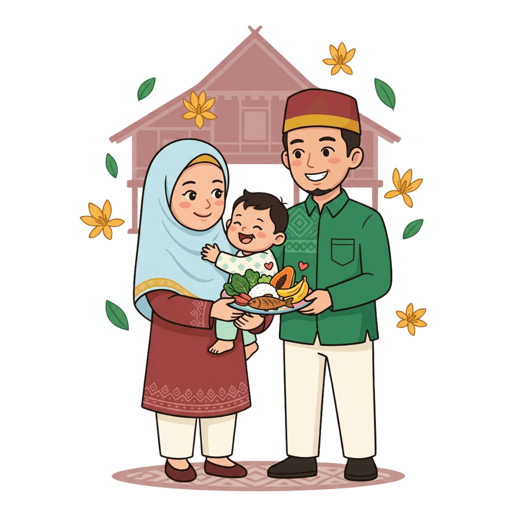 Ilustrasi keluarga Aceh โ ayah, ibu, dan anak
